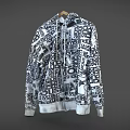 Stylish Black And White Hoodie With Graphic Text Patterns And Zip Front Design