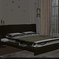 Modern Double Bed with Wooden Headboard White Pillows Checkered Blanket and Gold Bird Wall Decor