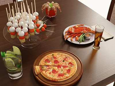 Delicious Food Spread With Pepperoni Pizza Skewers Lobster Beer And Refreshing Drink 3d model