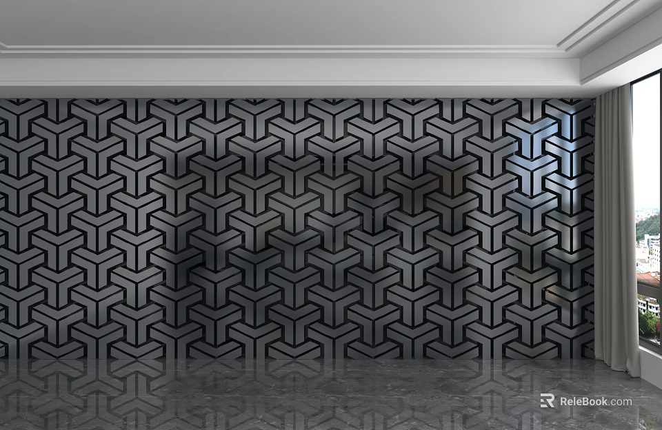 Modern Background Wall Design With Black And White Geometric Patterns And Reflective Surface 3d model 