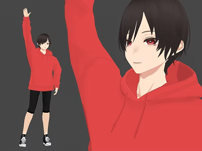 Game and Movie Character with Short Black Hair Red Eyes Raising Hand in Red Hoodie 3d model