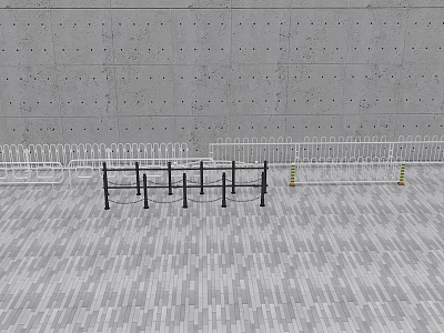 White And Black Metal Fences Arranged On Tiled Floor With Gray Wall Background 3d model