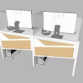 Modern Office Desks With Computer Monitors Keyboards Mice Headphones And Transparent Dividers