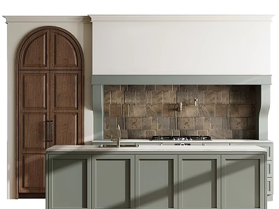Light Gray Kitchen Cabinets With White Countertop Arched Wooden Door And Brown Tile Backsplash 3d model