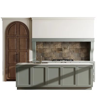 Light Gray Kitchen Cabinets With White Countertop Arched Wooden Door And Brown Tile Backsplash 3d model