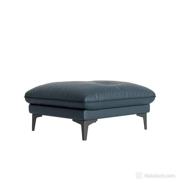 Modern Navy Blue Leather Ottoman With Padded Cushion And Black Slim Legs 3d model 