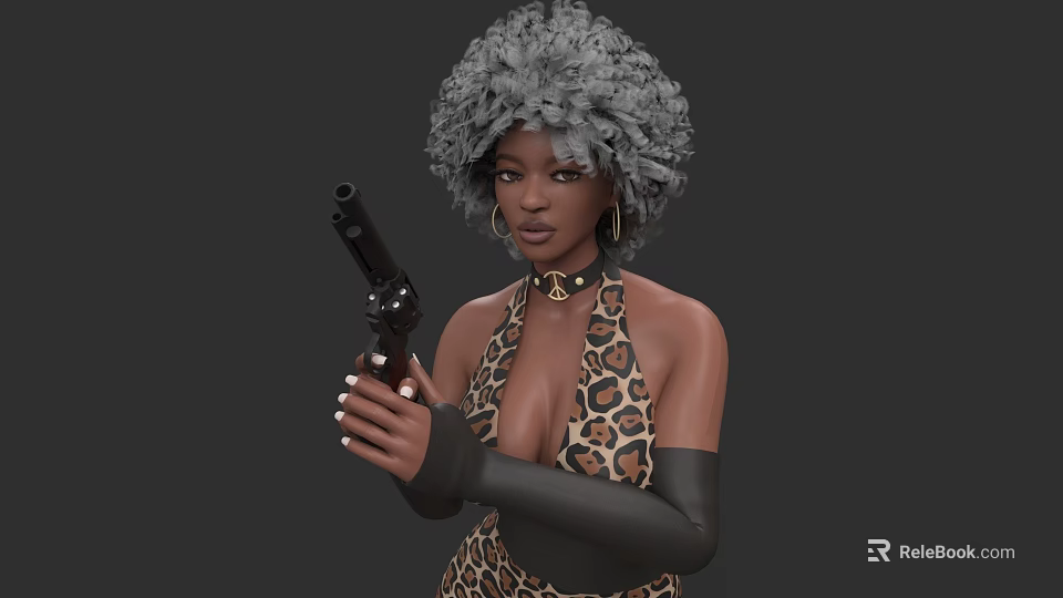 Woman With Gray Curly Hair Wearing Leopard Halter Top Holding Gun And Black Gloves 3d model 