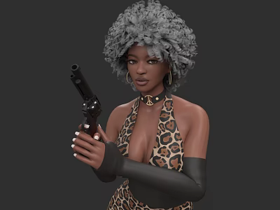 Woman With Gray Curly Hair Wearing Leopard Halter Top Holding Gun And Black Gloves 3d model