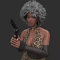 Woman With Gray Curly Hair Wearing Leopard Halter Top Holding Gun And Black Gloves