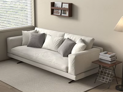 White Modern Sofa Bed with Window Blinds Wall Shelf Side Table Books and Floor Lamp 3d model