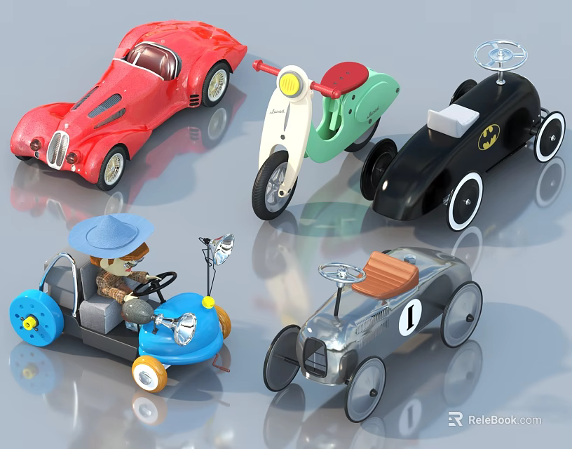 Colorful Toy Vehicle Collection With Green Bicycle And Various Styled Mini Cars For Kids 3d model 