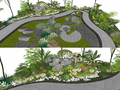 Natural Garden Ornament Design With Winding Path Green Lawn Stone Decorations And Colorful Flowers 3d model