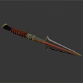 Tactical Dagger With Red Handle Grip Silver Shiny Blade And Metal Decoration On Dark Background