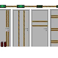 White Doors With Yellow Black Warning Stripes Green Signs And Red Fire Extinguishers