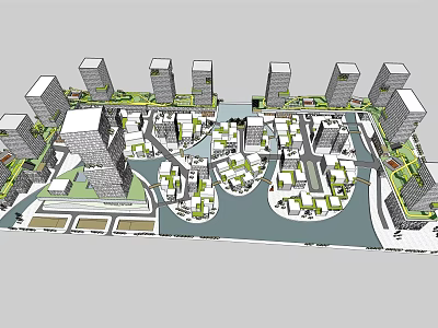 Modern High Rise Office Buildings with Water Area and Green Spaces in Urban Design 3d model