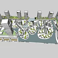 Modern High Rise Office Buildings with Water Area and Green Spaces in Urban Design