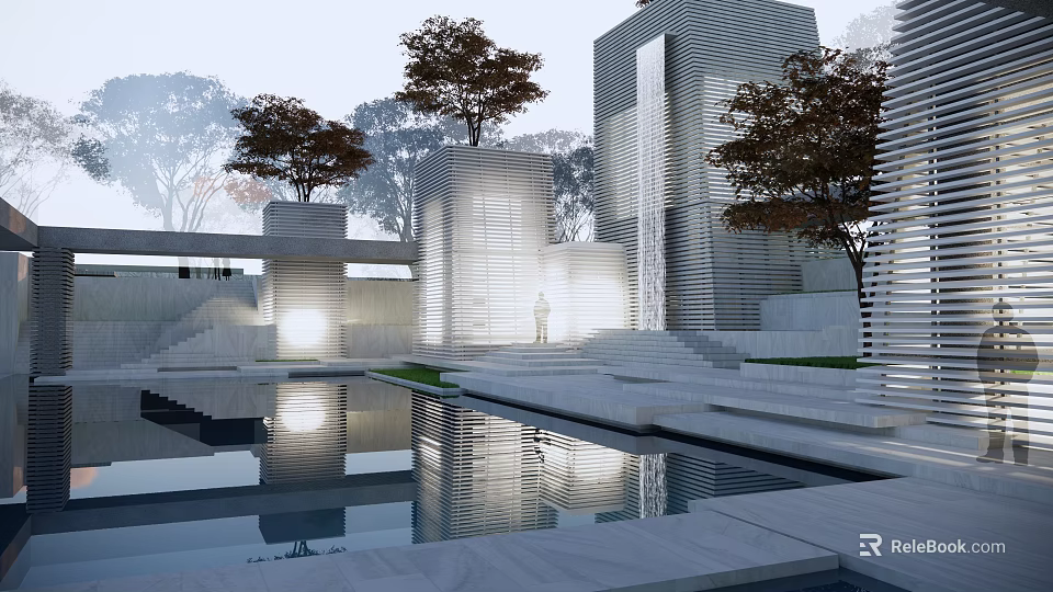 Modern Garden Landscape With Water Pool Reflection Illuminated Steps And Trees 3d model