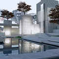 Modern Garden Landscape With Water Pool Reflection Illuminated Steps And Trees 3d model