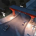 Red Traditional Entrance Gate Illuminated at Night With Trees Street Lamps and Passing Cars
