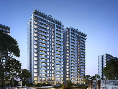 Modern High Rise Residential Building Exterior With Greenery And Evening Lighting 3d model