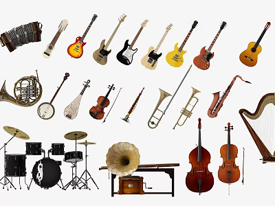 Wide Range Of Musical Instruments Including Guitars Violins Drums Saxophones And Harps 3d model
