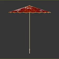 Red Floral Patterned Umbrella As Furniture Decor With Gold Trim And Light Handle