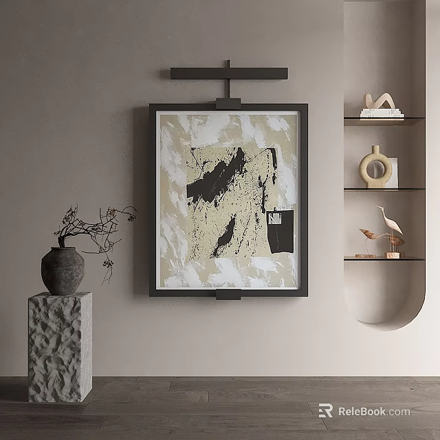 Abstract Painting With Black Frame On Beige Wall In Modern Interior With Decorative Shelves And Sculptures 3d model 