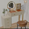 Elegant Vanity Table with Round Mirror Gold Drawers Decorative Pendant Lights and Brown Stool