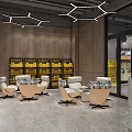 4S Car Dealership Showroom Featuring Colorful Sports Cars Geometric Lights Yellow Floor And Tool Storage