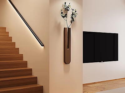 Modern Interior Design With Wooden Stairs Wall Mounted Light Vase And Flat Screen TV 3d model