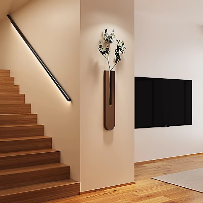 Modern Interior Design With Wooden Stairs Wall Mounted Light Vase And Flat Screen TV 3d model