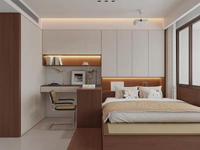Modern Tatami Bedroom Interior Design With Wooden Bed Desk Bookshelf And Cabinets 3d model