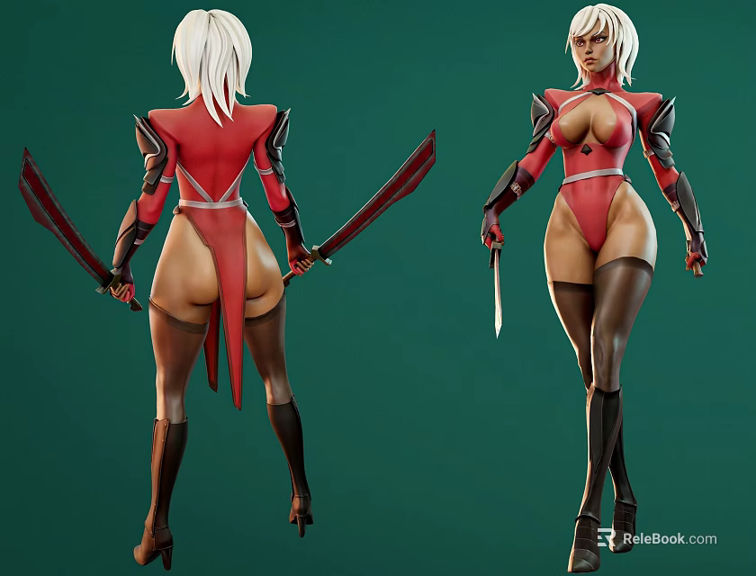 Fantasy Woman Character In Red And Black Outfit Holding Swords With High Heels And Stockings 3d model 