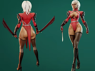 Fantasy Woman Character In Red And Black Outfit Holding Swords With High Heels And Stockings 3d model