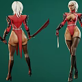 Fantasy Woman Character In Red And Black Outfit Holding Swords With High Heels And Stockings