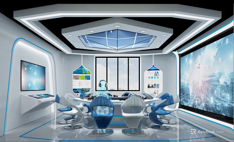 Modern Command Center Interior With Large Screens Geometric Ceiling And Ergonomic Seats 3d model 