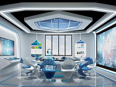 Modern Command Center Interior With Large Screens Geometric Ceiling And Ergonomic Seats 3d model