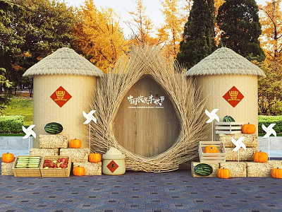 Autumn Harvest Themed Photo Check in Spot With Straw Roof Archway Pumpkins Watermelons And Pinwheels 3d model