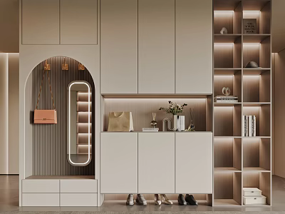 Modern Neutral Tone Shoe Cabinet Design With Arched Mirror Open Shelves And Decorative Items 3d model