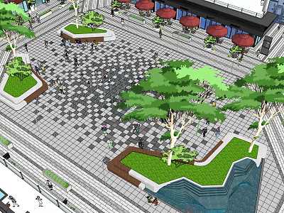 Urban Public Square Design With Green Lawns Trees Red Umbrellas Pedestrians And Water Feature 3d model