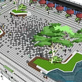 Urban Public Square Design With Green Lawns Trees Red Umbrellas Pedestrians And Water Feature