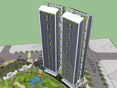 Modern High Rise Residential Towers With Surrounding Park Green Area And Pond 3d model