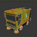 Yellow Street Sweeper Truck with Red Warning Lights Red Brushes and Green Recycling Logo