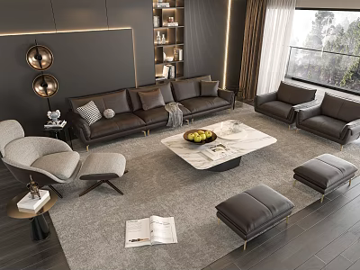 Dark Brown Leather Sofa Coffee Table Set Marble Top Ottoman Chairs Rug Modern Living Room 3d model