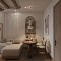 Modern Living And Dining Room Interior With Beige Sofa Wooden Ceiling And Round Rug