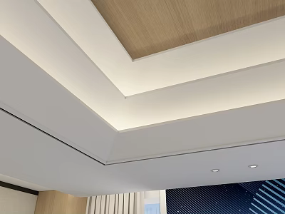 Modern Ceiling Design With White Frames Wooden Panels And Recessed Lighting 3d model