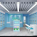 Modern Pharmacy Interior With Blue Shelves Medicine Counter And Seating