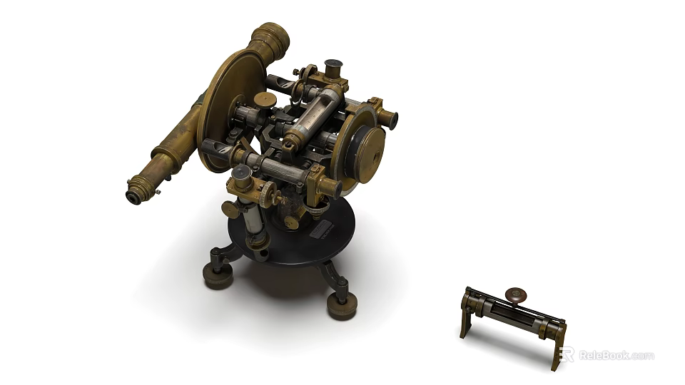 Vintage Brass Mechanical Industrial Equipment Surveying Instrument With Tripod Base And Accessory 3d model 