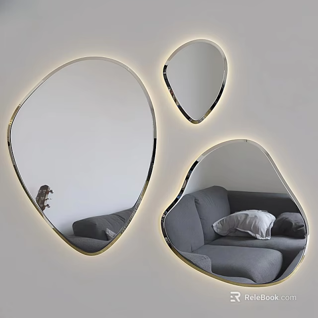 Modern Irregular Shaped Mirrors With Metallic Trim Reflecting Gray Sofa On White Wall 3d model 