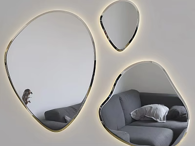 Modern Irregular Shaped Mirrors With Metallic Trim Reflecting Gray Sofa On White Wall 3d model